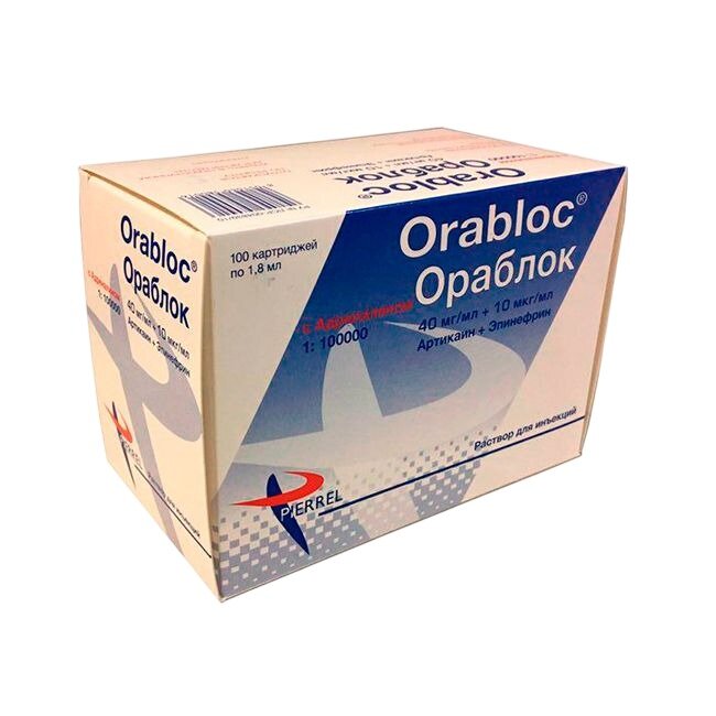 Ораблок раствор для инъекций 40 мг/мл+10 мкг/мл 1,8 мл (1:100000) картриджи 100 шт.