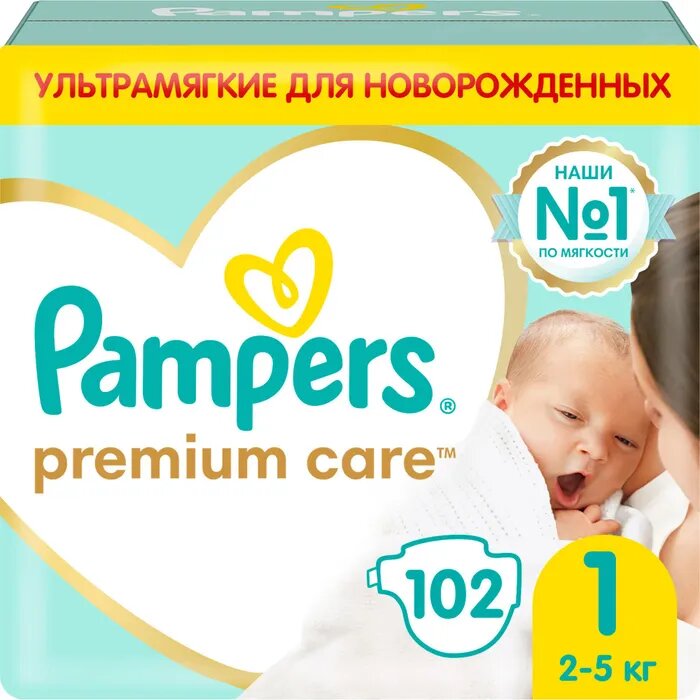 Pampers premium care подгузники 2-5кг/newborn 102 шт.