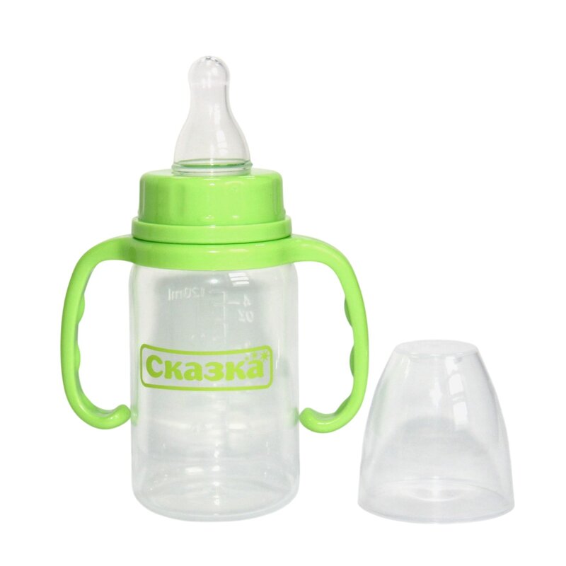 Сказка рожок (бутылочка пласт.) с силик.соской с ручками 120 мл 1003