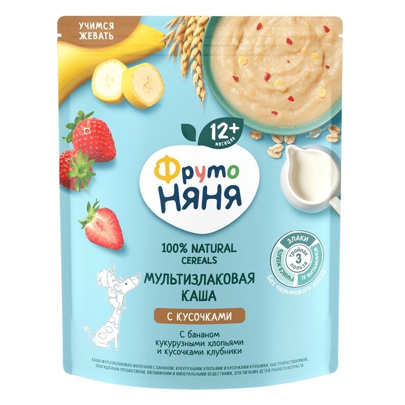 Каша ФрутоНяня молочная мультизлаковая с бананом, кукурузными хлопьями и кусочками клубники с 12 мес 200 г