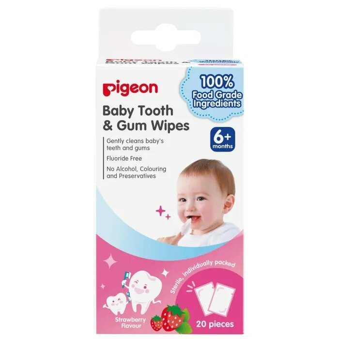 Салфетки для чистки молочных зубов для детей с ароматом клубники с 6 мес. Pigeon/Пиджен 20 шт.