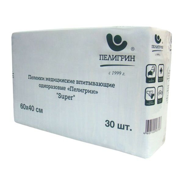 Пеленки впитывающие с липким слоем Пелигрин super 60х40см 30 шт.
