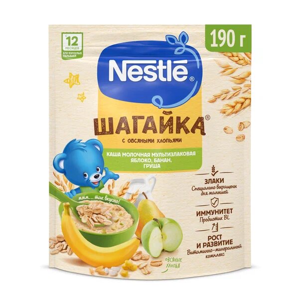 Каша молочная с 12 мес. Нестле (Nestle) шагайка дой-пак 5 злаков/яблоко/банан/груша/бифидобактерии 190 г