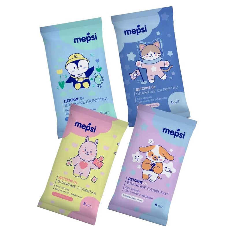 Влажные салфетки детские без отдушки Mepsi 64 (8x8) шт.