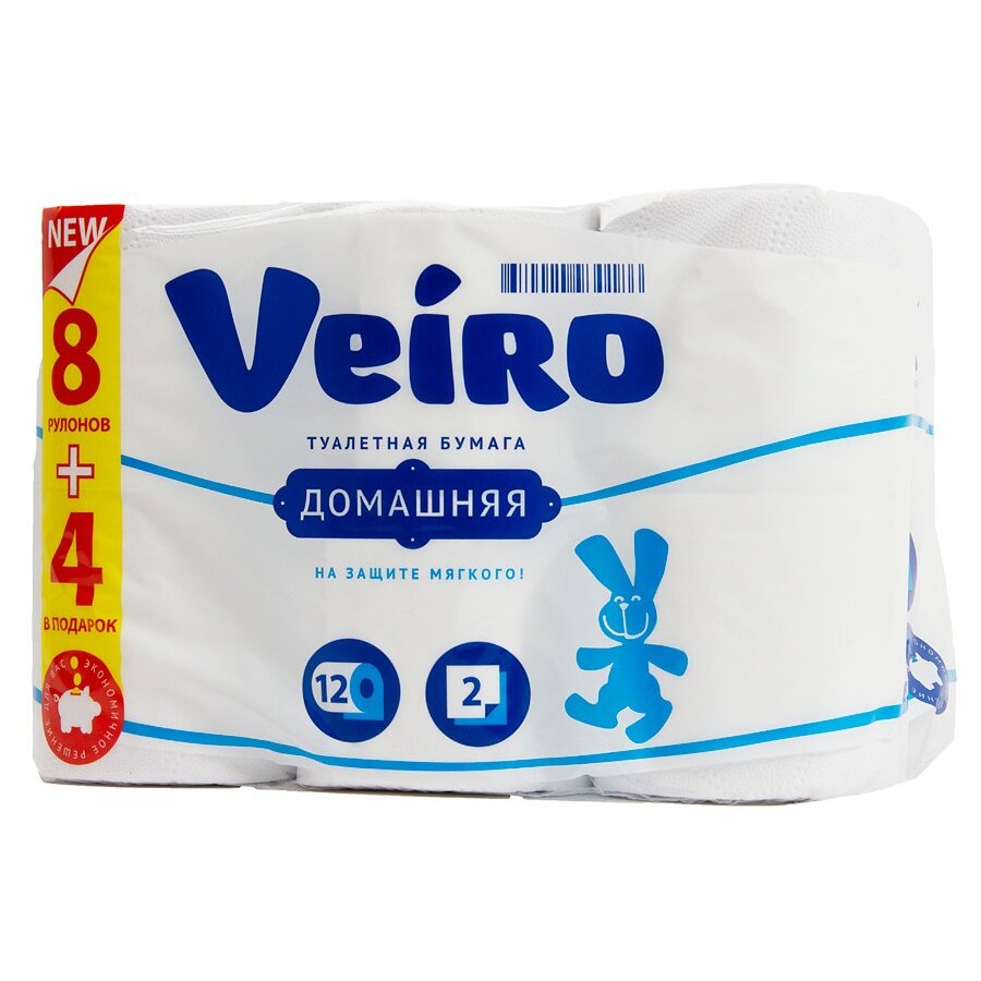 Бумага туалетная Linia veiro двухслойная белая домашняя 8 шт.+4 рулона в подарок