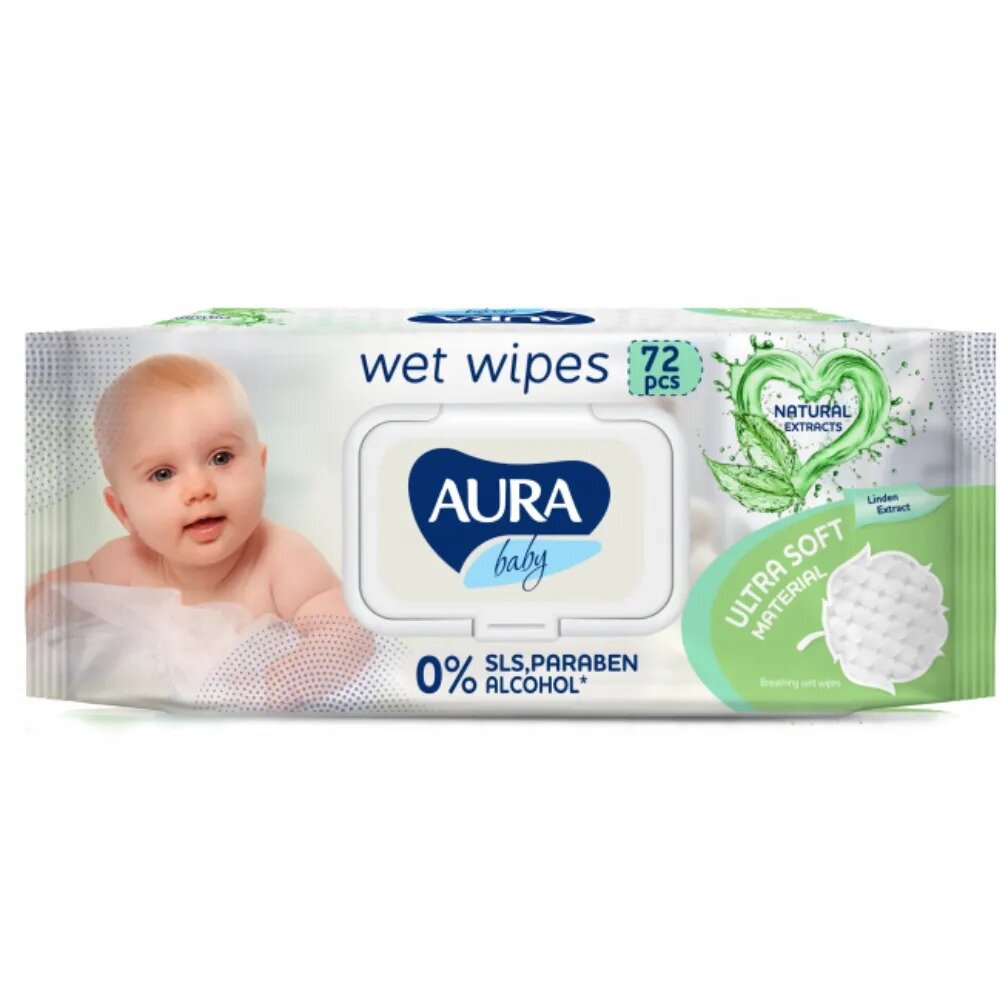 Влажные салфетки Aura Baby детские 0+ с ромашкой big-pack с крышкой 72 шт.