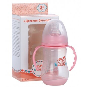 Бутылочка Рома+Машка полипропил/ручки/дно-индикатор/соска силик/шир горл 240 мл розовая