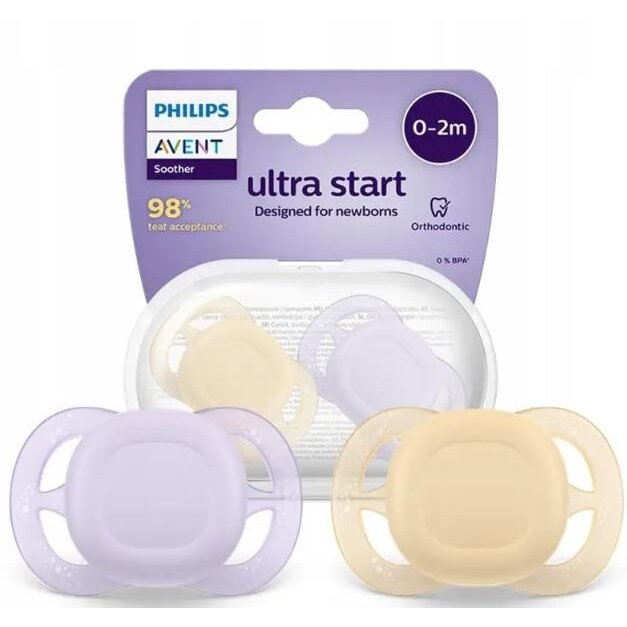 Пустышка Avent ultra start SCF075/01 силиконовая ортодонтическая щитком-нагубником с футляром 0-2 мес 2 шт.