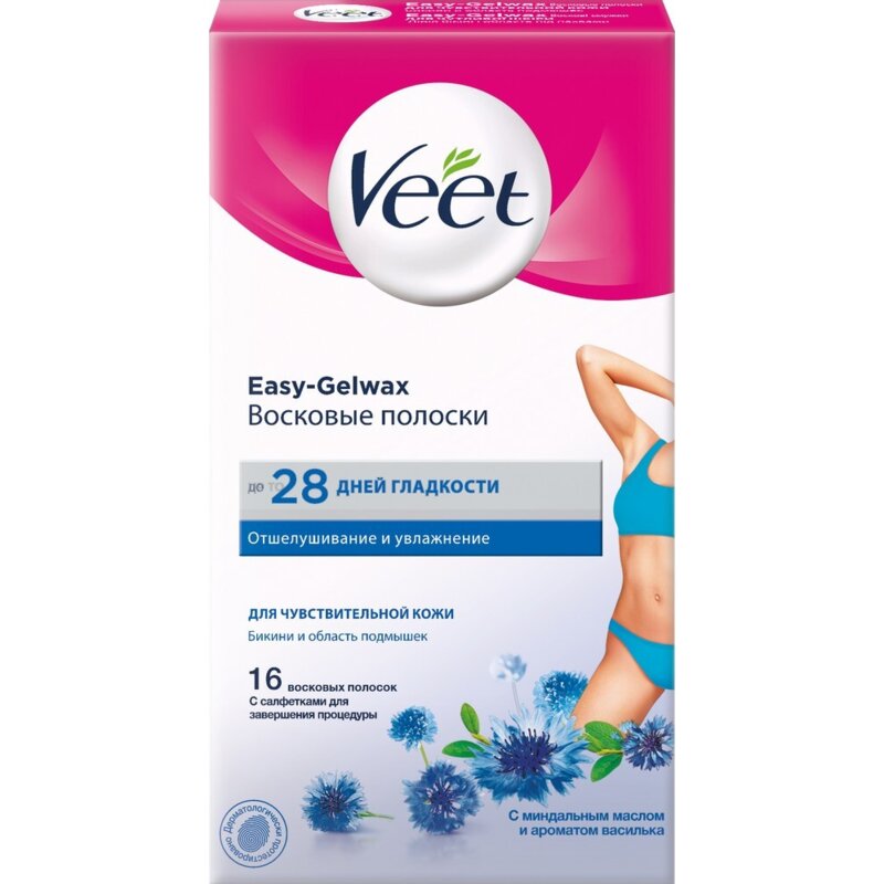 Полоски Veet easy gel-wax восковые для области подмышек и бикини для чувствительной кожи 16 шт.