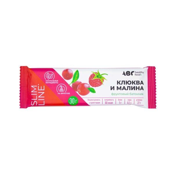 Батончик ABC Healthy Food фруктовый с клюквой и малиной неглазированный на фруктозе 30 г