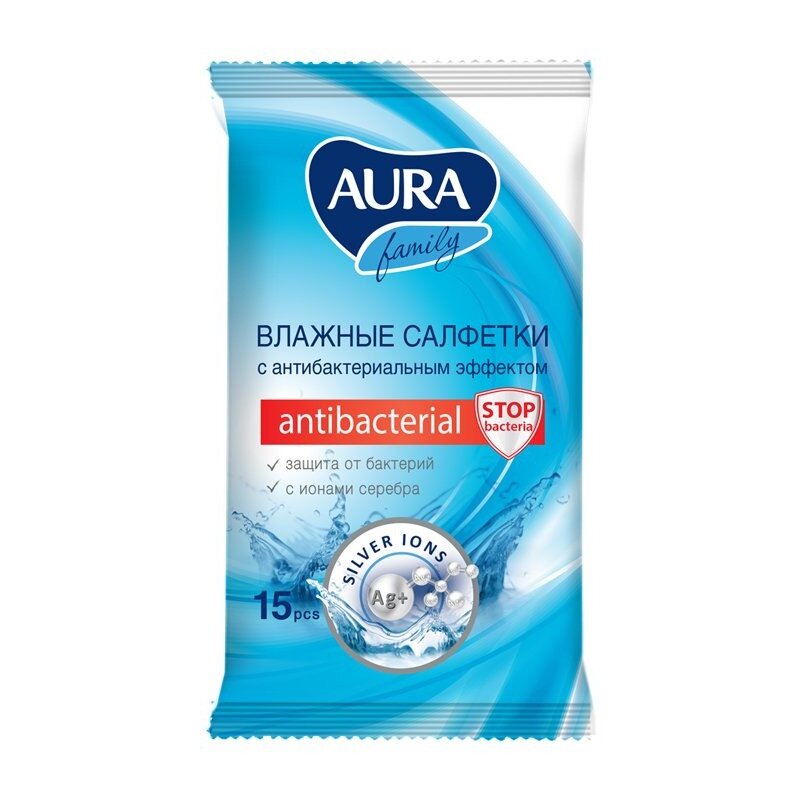 Влажные салфетки Aura для всей семьи очищающие с антибактериальным эффектом 15 шт.