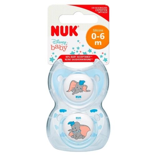 Nuk baby соска-пустышка силиконовая 0-6 мес. ортодонтическая с контейнером disney дамбо 2 шт.