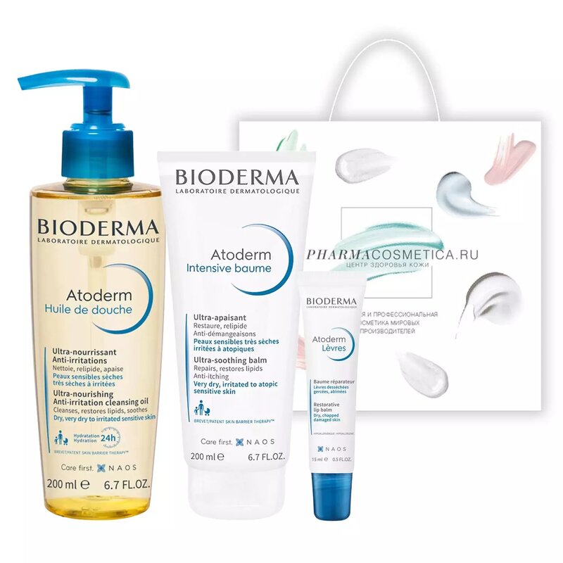 Набор Bioderma Atoderm: крем 200 мл, масло 200 мл, бальзам для губ 15 мл
