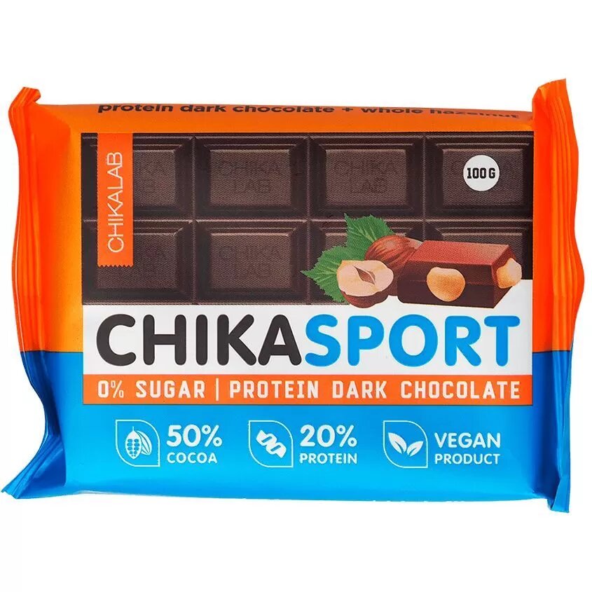 Шоколад темный протеиновый без сахара Chikalab chikasport с цельным фундуком 100 г
