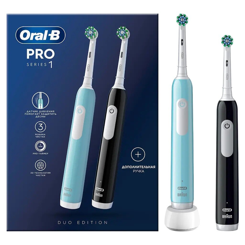 Электрическая зубная щетка Oral-B Pro Series 1 арт. 3791 с 2 сменными насадками черная и бирюзовая 2 шт.