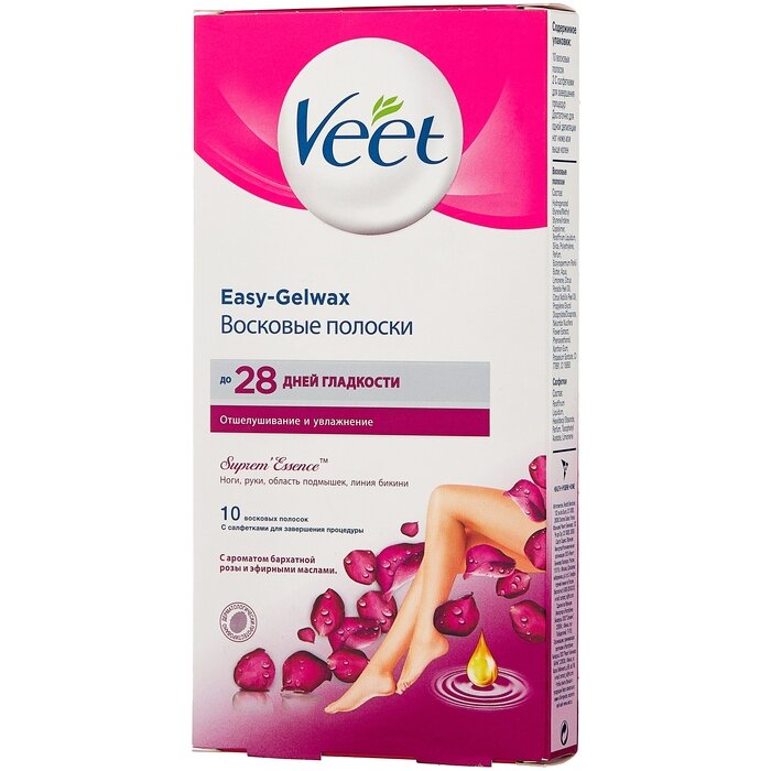 Восковые полоски Veet Suprem´Essence Easy-Gelwax c ароматом бархатной розы и эфирными маслами 10 шт.