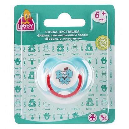 ЛАББИ Соска-пустышка латекс. "Веселые животные" с кольцом от 6 мес. (11400)