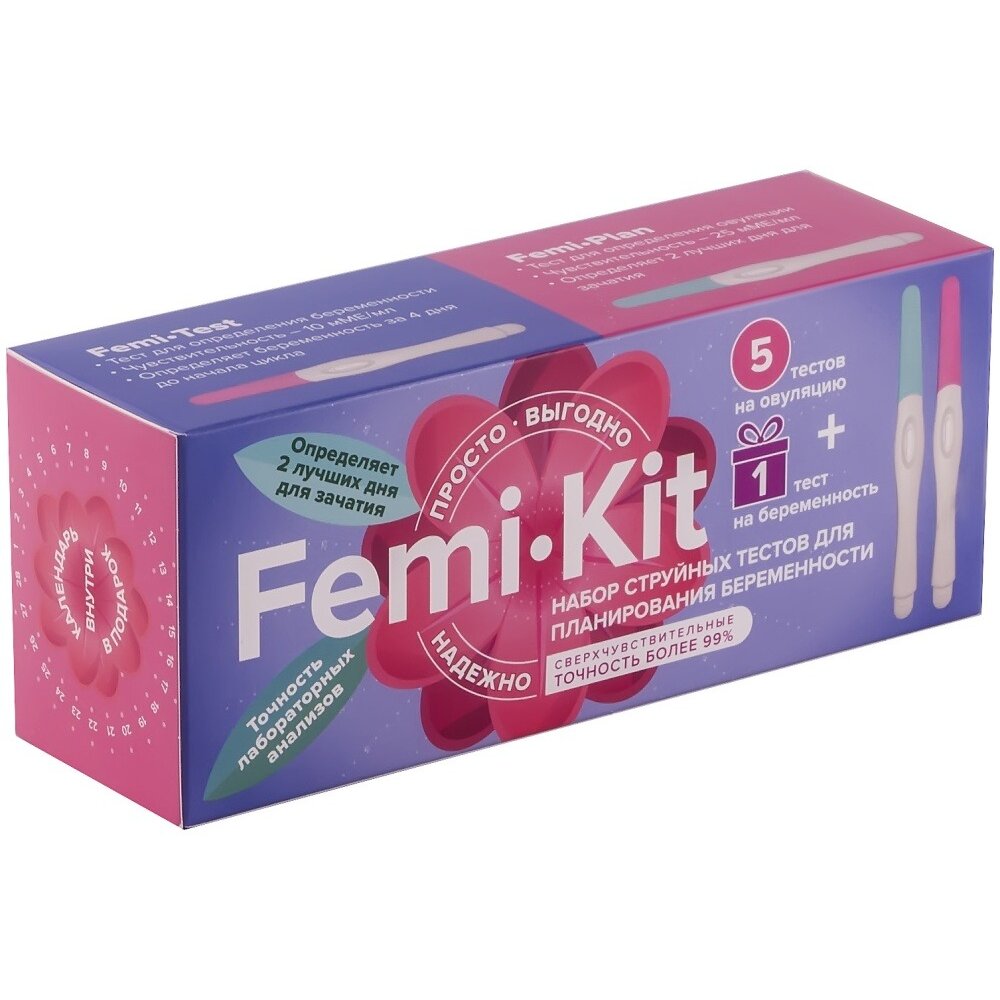Набор струйных тестов FEMiKIT для определения овуляции и беременности 5 шт. + 1 шт.