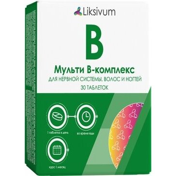 Мульти В-комплекс Liksivum для нервной системы, волос и ногтей таблетки 30 шт.