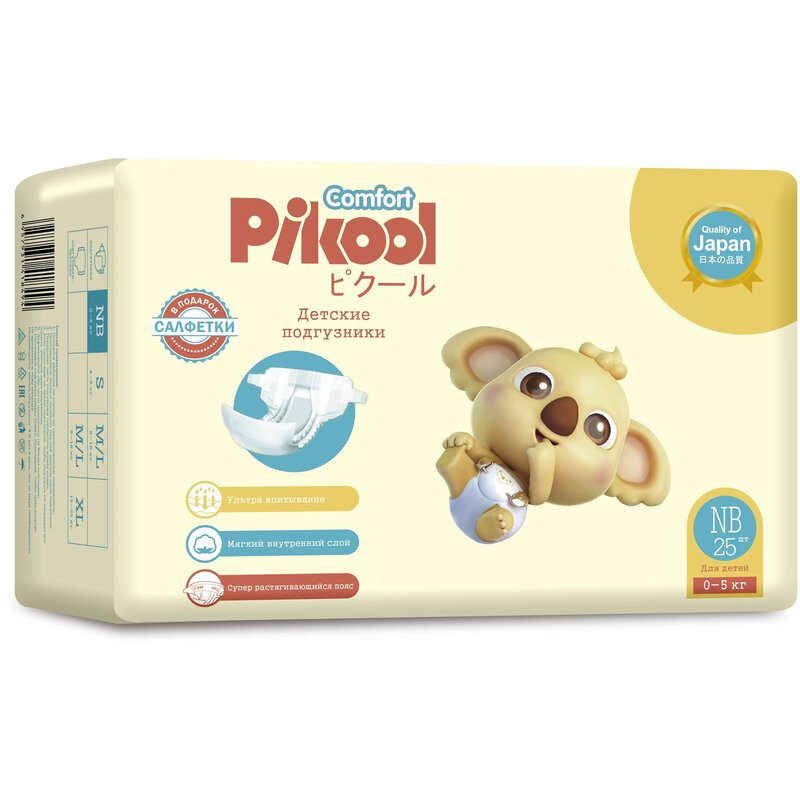 Подгузники детские Pikool Comfort NB 0-5 кг 25 шт. + подарок салфетки 10 шт.