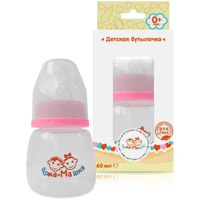 Бутылочка Рома+Машка полипропил/соска силик/станд горл 60 мл розовая