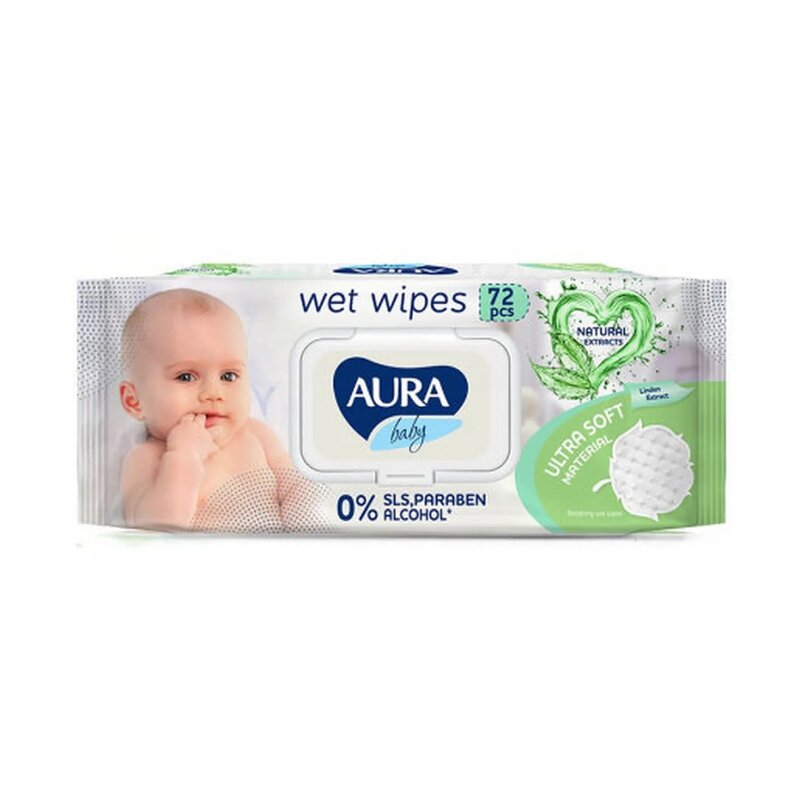 Влажные салфетки Aura Baby детские 0+ с ромашкой big-pack с крышкой 72 шт.