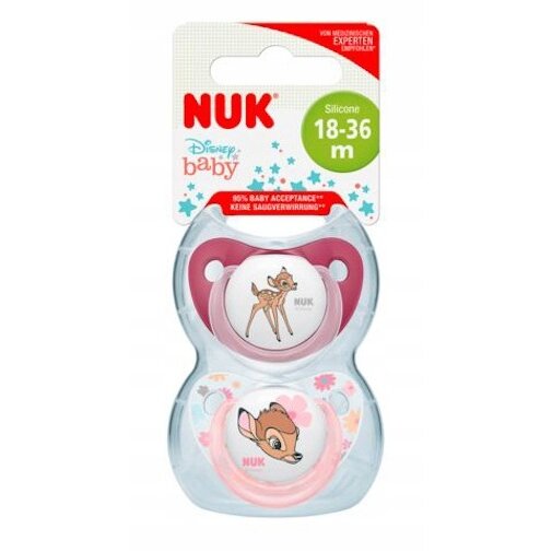 Соска-пустышка силиконовая ортодонтическая Nuk baby 18-36 месяцев с контейнером disney бэмби 2 шт.