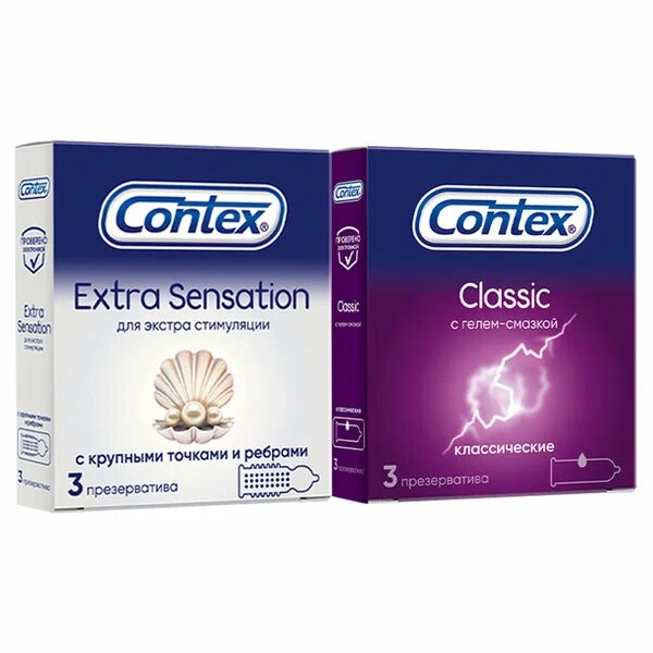 Contex набор презервативов classic гладкие 3 шт.+extra sensation с крупными точками и ребрами 3 шт.