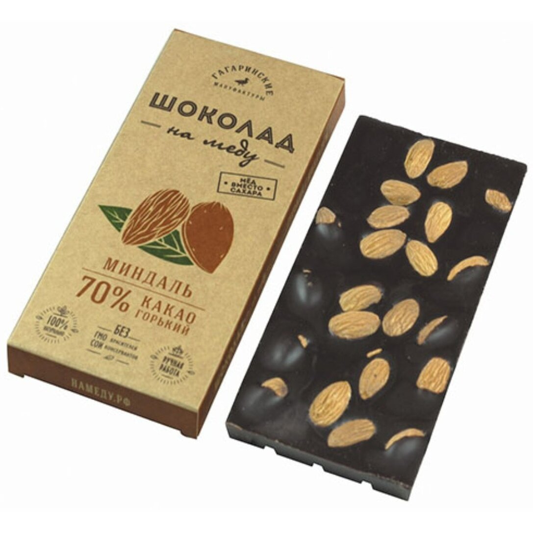 Шоколад на меду «Гагаринские мануфактуры» горький с миндалем 70% какао 85 г