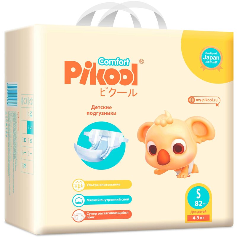 Подгузники детские Pikool Comfort S 4-9 кг 82 шт. + подарок салфетки 80 шт.