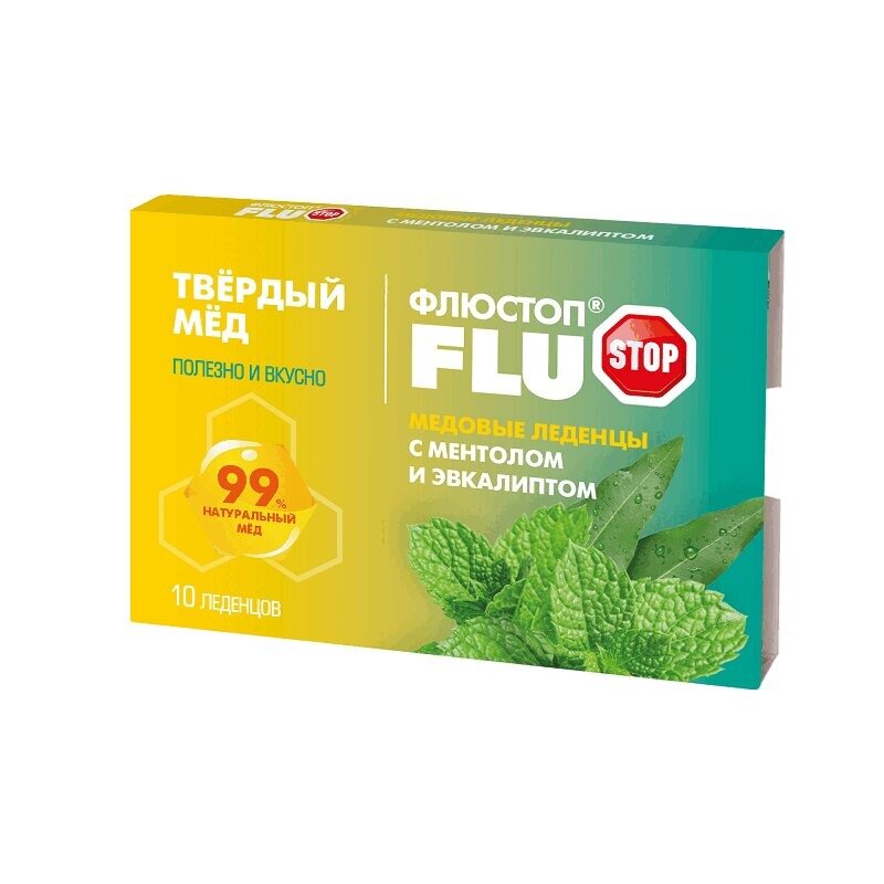 Медовые леденцы Твердый мед Флюстоп с ментолом и эвкалиптом 10 шт.