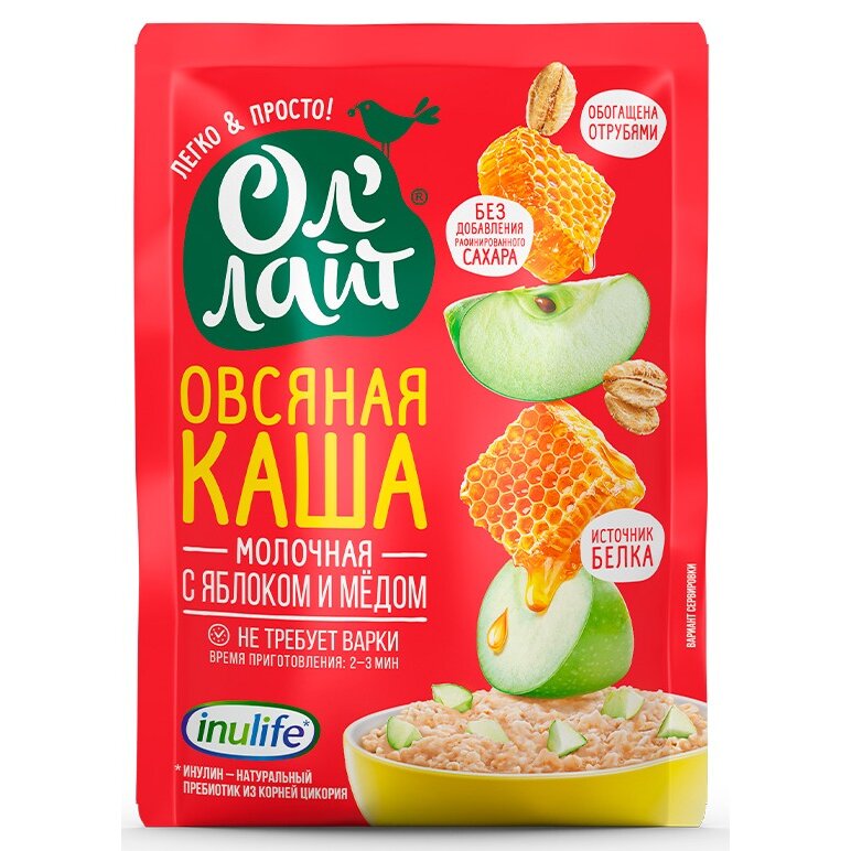 Каша Ол Лайт овсяная молочная быстрого приготовления яблоко/мед 40 г