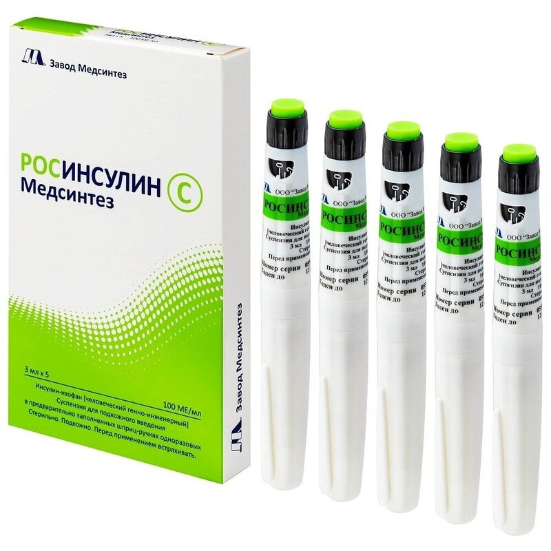 Росинсулин С раствор для инъекций 100 МЕ/мл 3 мл картриджи в шприц-ручке 5 шт.