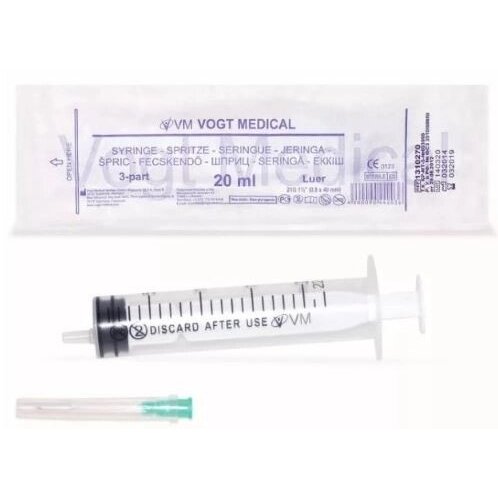 Шприц Vogt Medical трехкомпонентный 20 мл с иглой 21G 0,8х40 мм 50 шт.