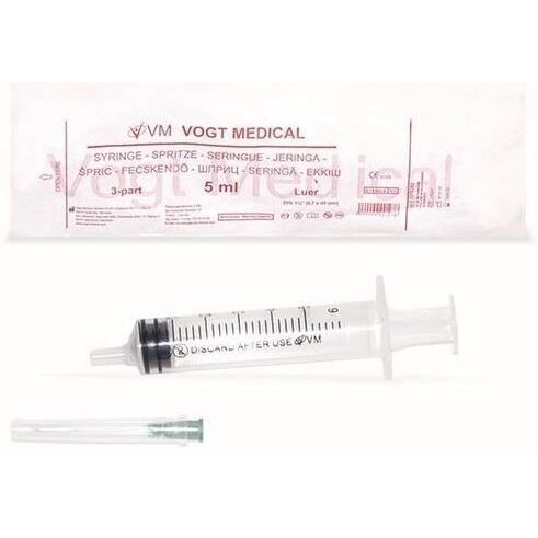 Шприц Vogt Medical трехкомпонентный 5 мл с иглой 0,7х40 22g 100 шт.