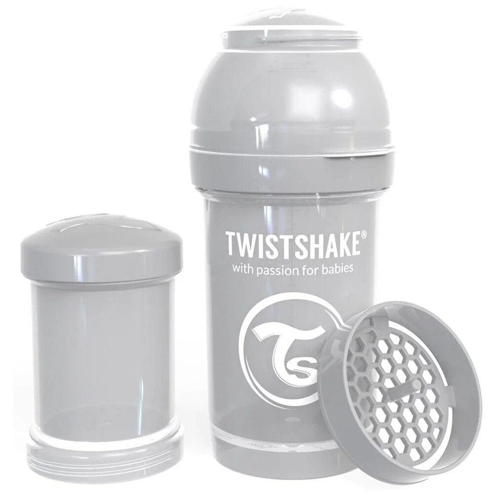 Бутылочка Twistshake антиколиковая для кормления с контейнером серая 180 мл