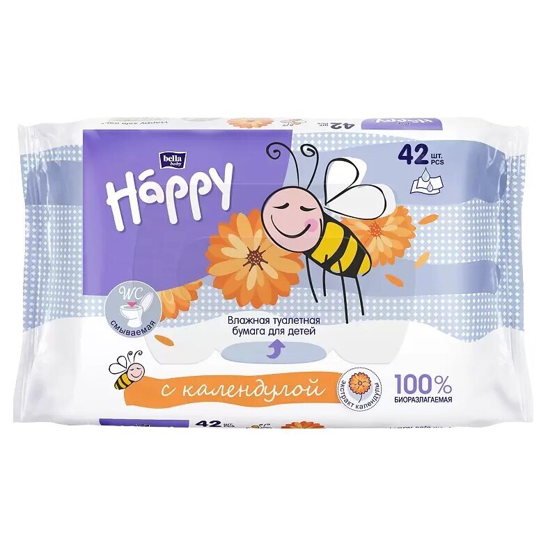 Влажная туалетная бумага Baby Happy Bella для детей с экстрактом календулы 42 шт.