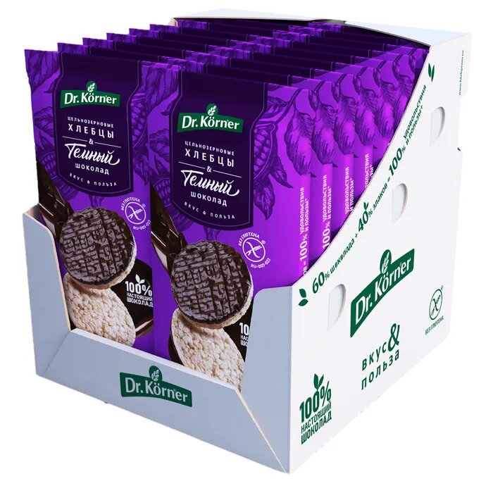 Dr.korner хлебцы хрустящие рисовые 67г 18 шт. с темным шоколадом