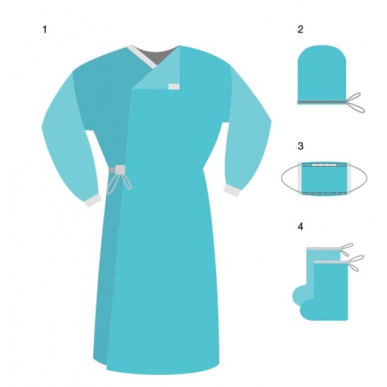 Гекса комплект одежды хирургический стерильный халат с/лам.вст,шапочка,бахилы,маска пл. 42г/м2 кх-2 1 шт.