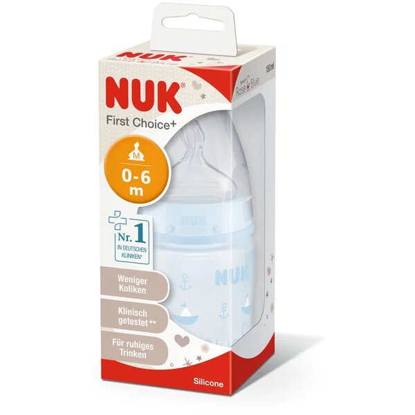 Бутылочка First Choice Plus Baby Blue пластмассовая "Nuk+ соска силиконовая арт.10743551 150 мл