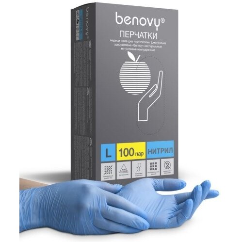 Benovy перчатки смотровые н/стер. нитриловые неопудренные голубые размер xl 100 шт. пар