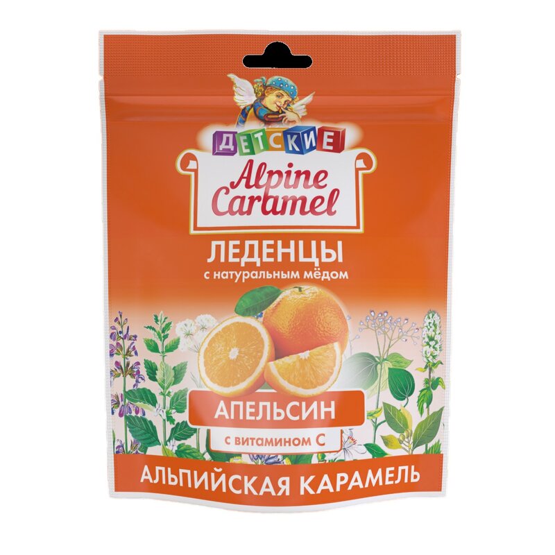 Альпийская карамель с медом и витамином С апельсин детские Alpine Caramel леденцы пакет 75 г