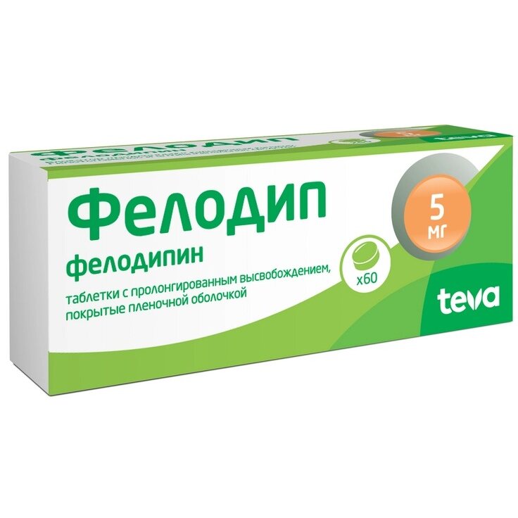 Фелодип 5 мг таблетки с пролонгированным высвобождением, покрытые пленочной оболочкой 60 шт.