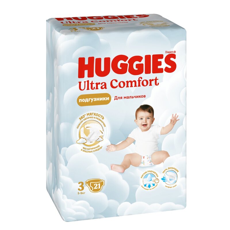 Подгузники для мальчиков Хаггис (Huggies) Ultra Comfort р.3 (5-9 кг) 21 шт.
