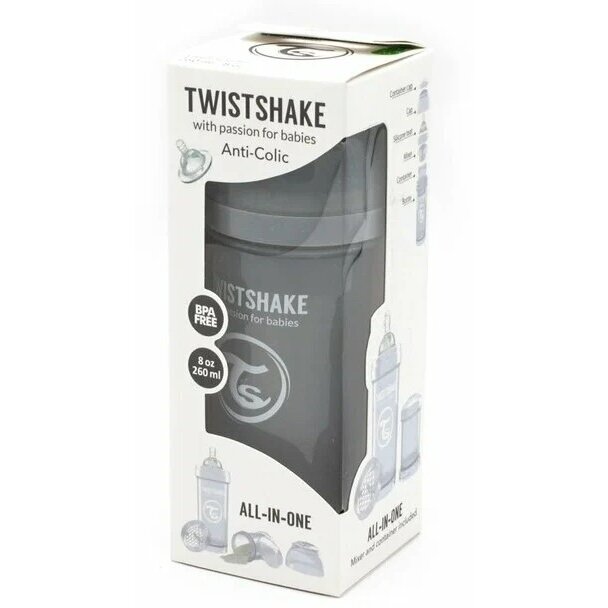 Бутылочка Twistshake антиколиковая для кормления с контейнером серая 260 мл
