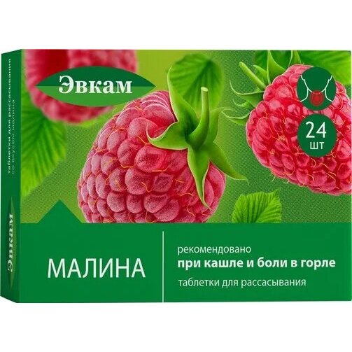 Пастилки при кашле и боли в горле Эвкам малина 24 шт.
