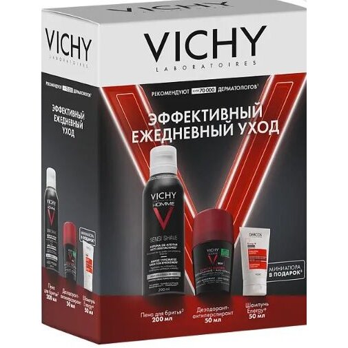 Набор Виши (Vichy) Homme для мужчин: Пена для бритья 200 мл+Дезодорант 96 ч 50 мл+Шампунь 50 мл