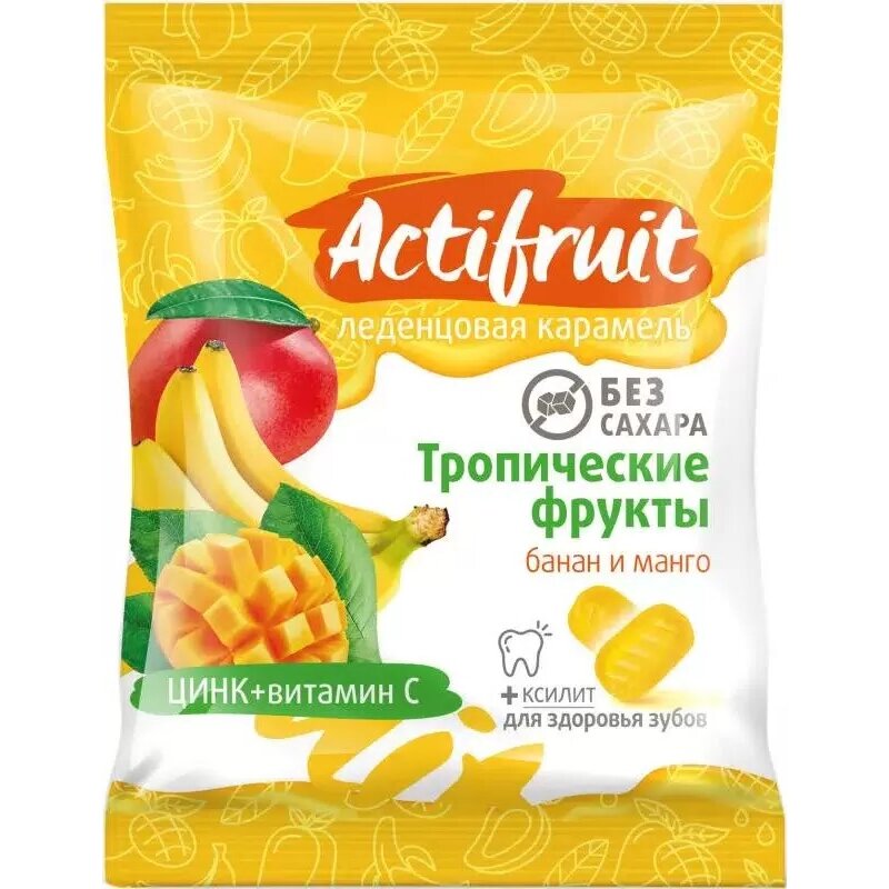 Леденцовая карамель АКТИФРУТ с витамином С со вкусом банана и манго 60 г