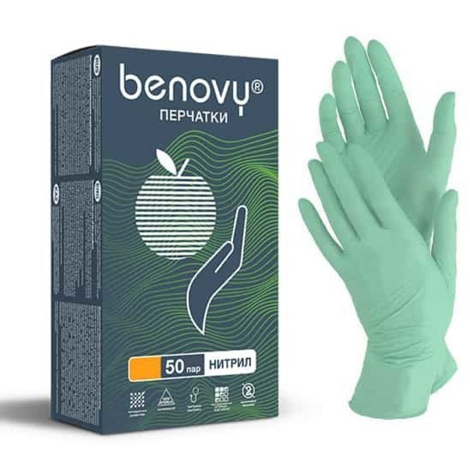 Benovy перчатки смотровые н/стер. нитриловые неопудренные текстурированные на пальцах зеленые размер l 50 шт. пар