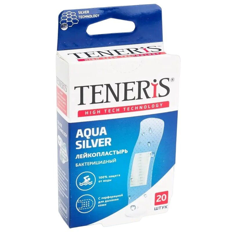 Лейкопластырь Teneris (Тенерис) бактерицидный на прозрачной полимерной основе Aqua silver с ионами серебра 76х19 мм 20 шт.